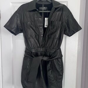 J Brand Black Short-Sleeve Leather Romper with Tie Waist Belt